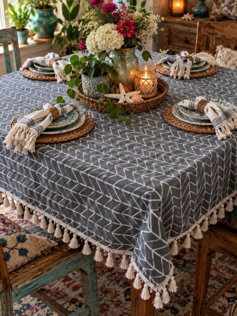 Gray Ivory Boho Chevron Tassel Tablecloth | Global Eclectic Cottagecore Decor
